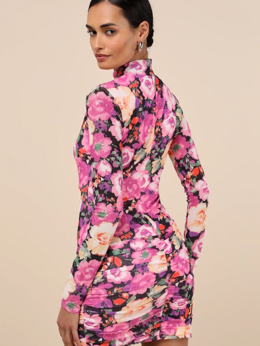 Lulu's - Prettiest Energy Multi Floral Mesh Long Sleeve mini Dress Purple Black - Picture 4 of 4